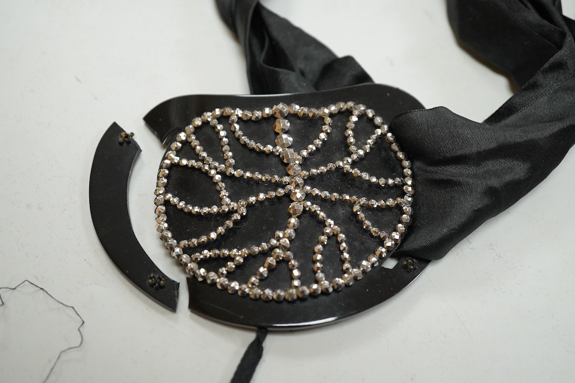 A quantity of assorted antique and later costume jewellery to include a silver and Marcasite ladies fob watch, a collection of cufflinks, brooches and a pair of drop earrings with screw backs